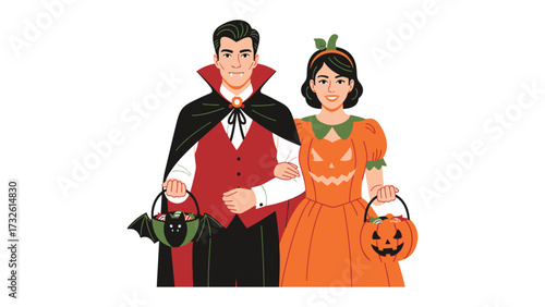 Halloween Couple in Costumes: A charming couple, donned in Halloween costumes, walking together, sharing a festive mood, with carved pumpkin basket holding candy, celebrating the thrill of the season.