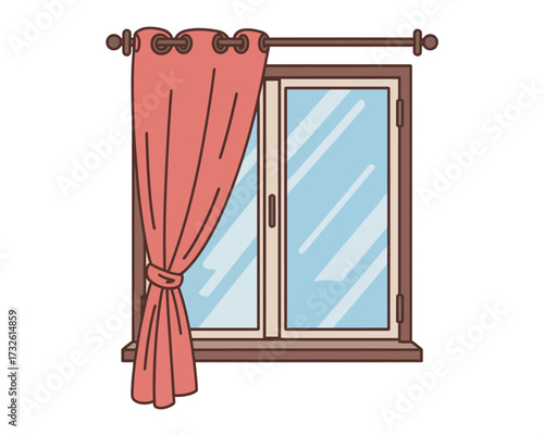 Illustration of a window with a coral curtain partially drawn
