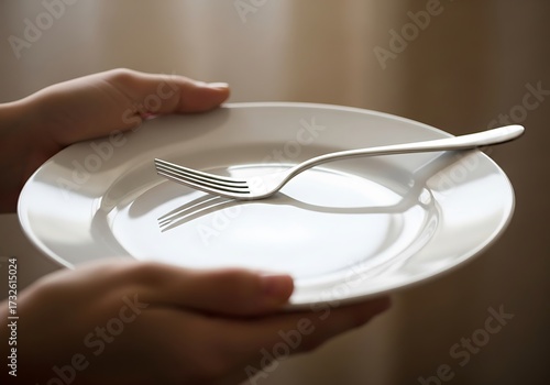 Presenting empty plate and silver fork in hands depicting hunger and dietary restriction concept