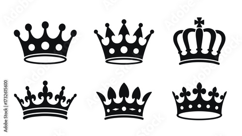 Collection of six ornate black royal crowns silhouettes isolated on white background