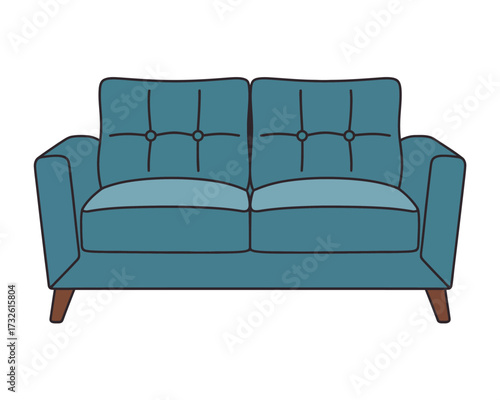 Retro teal two seater sofa with tufted back and wooden legs