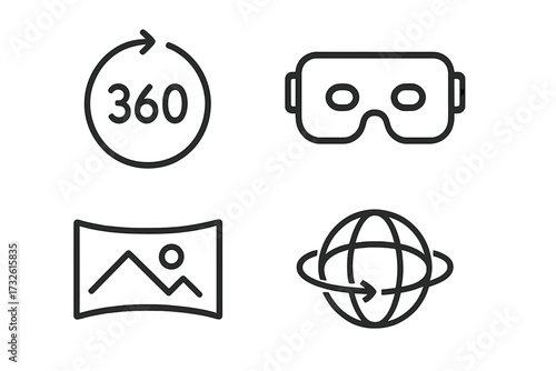 360 degree view and virtual reality line icon set. VR glasses, panorama, and immersive experience symbols. AR technology for web and app interface design. Outline vector.