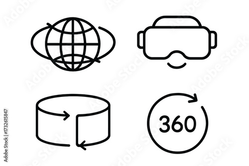 360 degree image view web icons in line style. Virtual reality, VR glasses, panorama, and rotation symbols. Collection of vector illustrations for immersive AR technology.