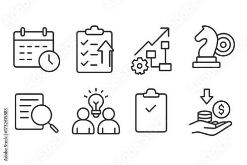 Action plan and business strategy line icon set. Project management concepts. Schedule, implementation, analysis, collaboration, financial goal, and growth symbols. Vector icons.