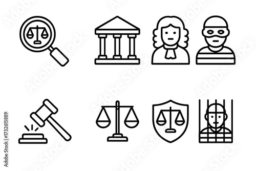 Law and justice line icon set. Legal system symbols. Crime, court, police and judgment vector icons. Judge, lawyer, courthouse, gavel, scales of justice, prisoner in jail, thief.