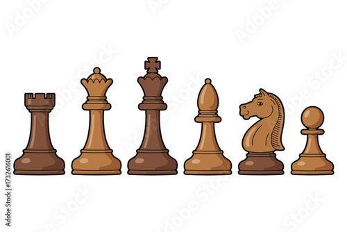 Collection of classic wooden chess pieces on a white background