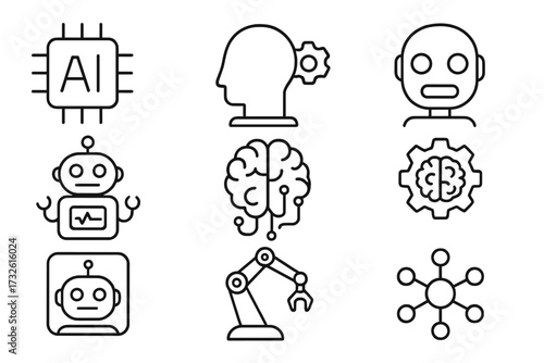 Artificial Intelligence line icon set. AI technology, machine learning, innovation concepts. Vector collection of robot, bot, smart brain, cpu chip, and automation symbols.