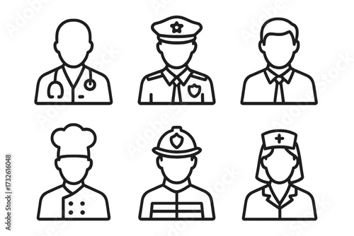Professions icon collection. Job and occupation outline symbols. Doctor, police, business, chef, firefighter, nurse avatars. People career pictograms for web. Vector character set.
