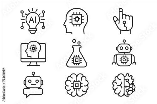 Artificial Intelligence line icon set. AI technology, machine learning, and robotics concepts. Includes chatbot, virtual assistant, neural network, and cyborg brain symbols.
