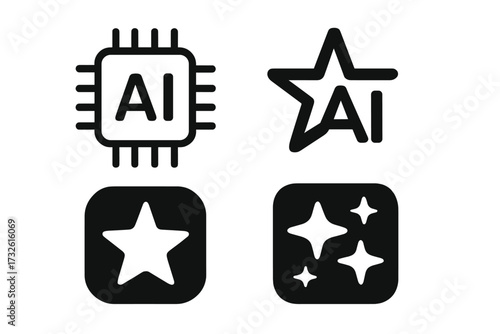 Artificial intelligence icons set. Generative AI logo symbol. Star icon for content generation. Technology, machine learning, processor, and neural network vector pack.