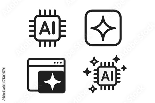 Artificial intelligence icon set. Generative AI logo collection. Star symbol, generate icon, AI chip. Vector graphics for machine learning, automation, data science, chatbot.