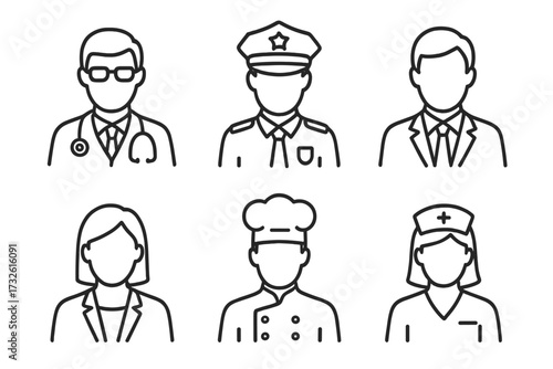 Profession avatar line icon set. Doctor, police officer, businessman, businesswoman, chef, nurse user profiles. People occupation & career vector symbols. Staff & employee web pictogram collection.