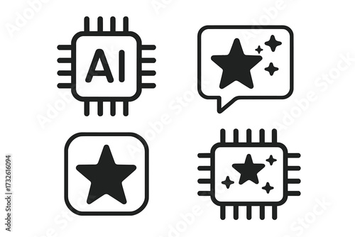 Artificial intelligence icon set. Generative AI logo with star symbol. Machine learning, smart technology, and neural network concepts. Vector chatbot and processor icons.