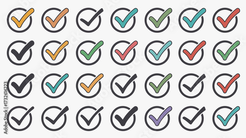 Collection of colorful checkmarks inside circles on a white background