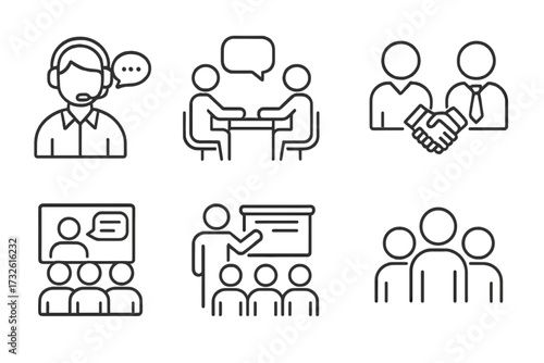 Business communication linear icons set. Customer service support, meeting, partnership handshake, presentation, video conference, team group. Outline web symbols collection.