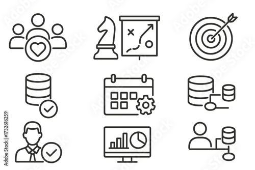 CRM web icons in line style. Customer relationship management strategy, marketing data, planning, manager, data analysis, information collection. Vector symbols for sales target.