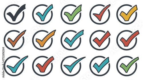 Collection of colorful hand drawn check marks in circles for approval and completion