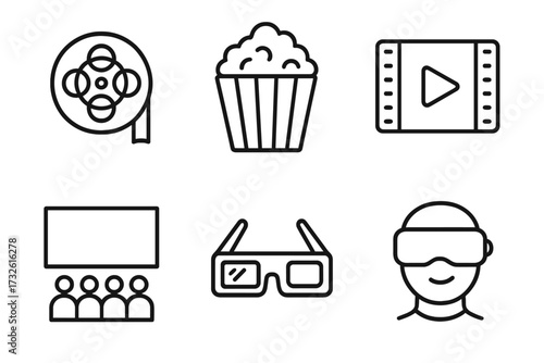 Cinema web icons in thin line style. Movie and film entertainment concept. Includes popcorn, video player, movie theater, glasses and VR. Vector graphic elements collection.