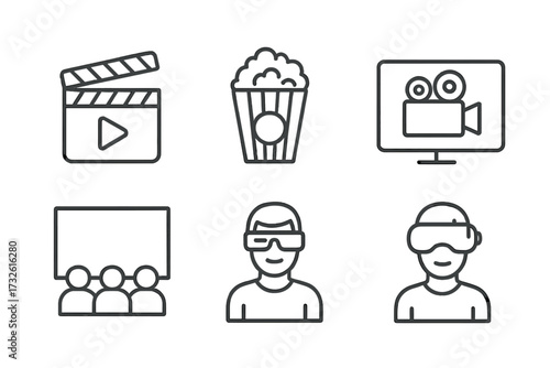 Cinema and movie line icon set. Film entertainment vector symbols. Collection includes popcorn, clapperboard, video camera, 3d glasses, VR headset, and movie theater.