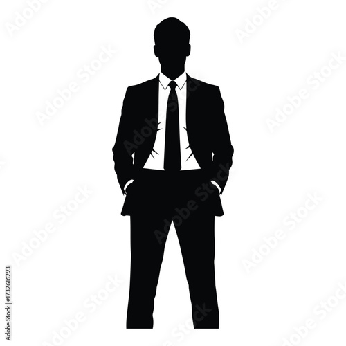 Silhouette of a man in a formal suit standing confidently with hands in pockets silhouette