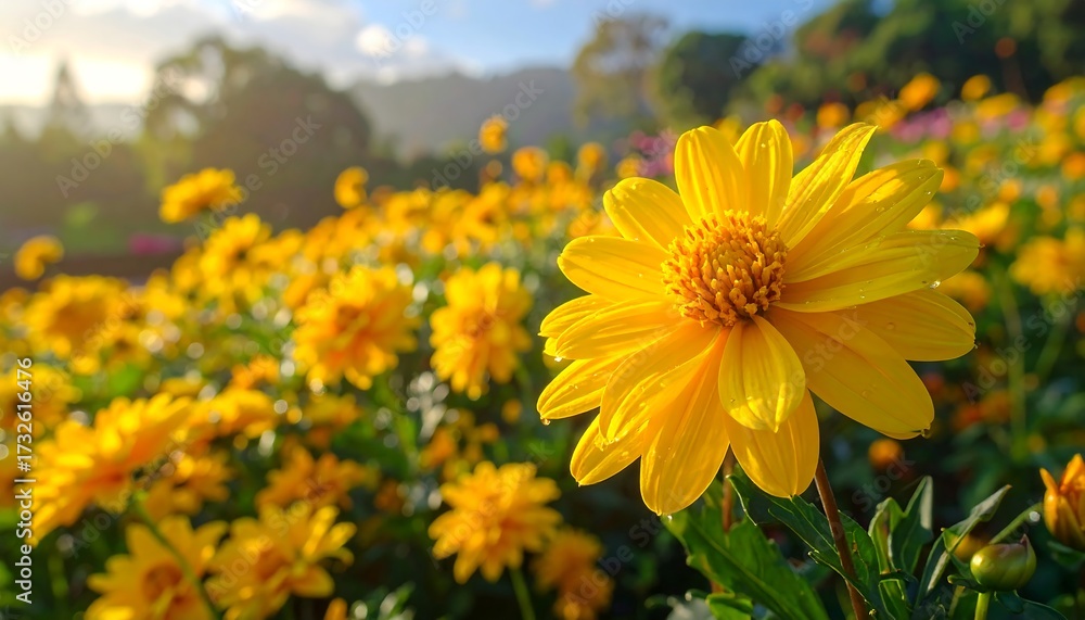 Obraz premium A close-up view of a bright yellow flower with a fuzzy center, surrounded by many others, in a sunlit garden. Green leaves and hills in the soft background