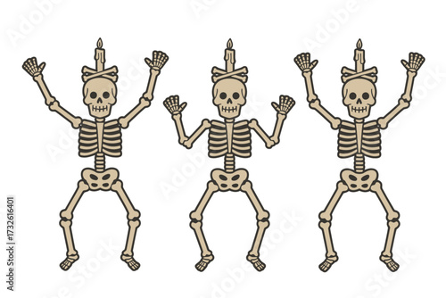 Three dancing skeletons with arms raised in celebration