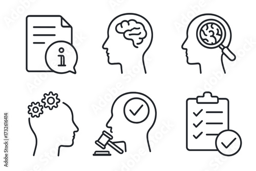 Critical thinking line icon set. Facts, analysis, and problem-solving concept. Rational decision making, logic and judgment process. Mental health and psychology illustration.