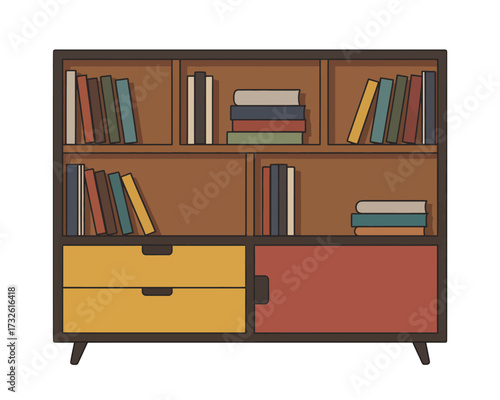 Vintage wooden bookshelf filled with colorful books and drawers