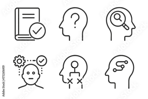 Critical thinking line icon set. Icons for analysis, problem-solving, rational mind, and decision making. Vector illustration of facts, logic, research, and mental process.