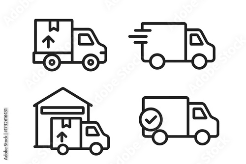 Delivery truck line icon set. Vector symbols for web and mobile. Shipping, logistics, transport, fast delivery, order fulfillment, warehouse, distribution center, and freight.