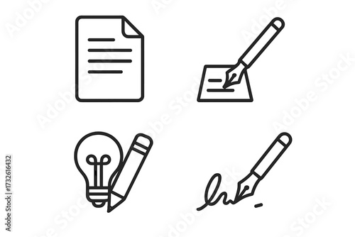 Copywriting line icon set. Content creation, writing, document, and signature icons. Creative idea with lightbulb. Vector illustration for storytelling, author, contract.
