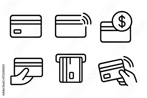 Credit card line icon set. Vector collection of payment symbols like contactless NFC, pay pass, ATM transaction, and money transfer for web and mobile finance apps design.