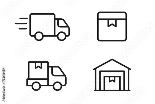 Logistics line icon set. Delivery truck, shipping van, and package box symbols. Fast freight transport, cargo service, warehouse storage for e-commerce. Vector collection.