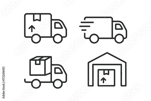Delivery service and logistics line icon set. Thin outline symbols for shipping, fast transport, cargo truck, warehouse, and package. Vector graphic collection for web and mobile.