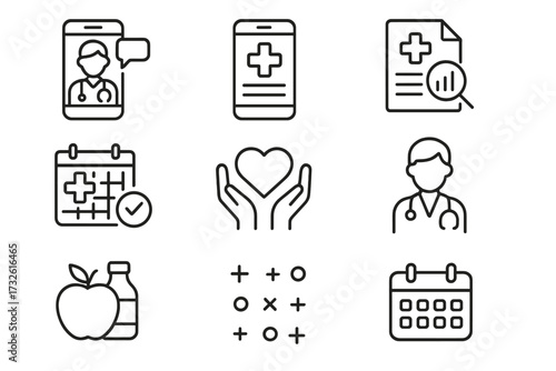 Digital healthcare line icon set. Telehealth, telemedicine, online doctor consultation, medical app. Health results, appointment schedule, wellness. Medicine vector symbols.
