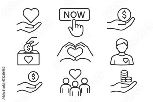 Donation and charity icon set in line style. Vector symbols for fundraising, volunteer, community support, nonprofit organization, and giving money. Donate now button.