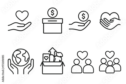 Charity and donation line icon set. Symbols for nonprofit organization, fundraising, community help, and volunteering. Vector icons for giving money, support, and love.