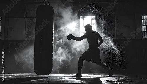 Boxer practicing in a dusty gym