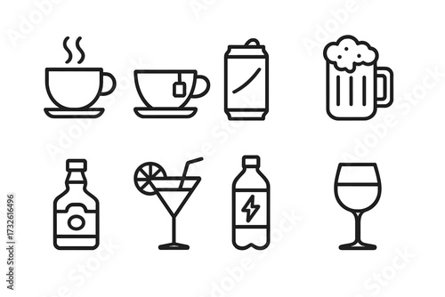 Drinks and beverages icon set. Line art symbols for menu and web. Coffee, tea, beer, wine, cocktail, soda, energy drink and alcohol. Vector outline pictogram collection.