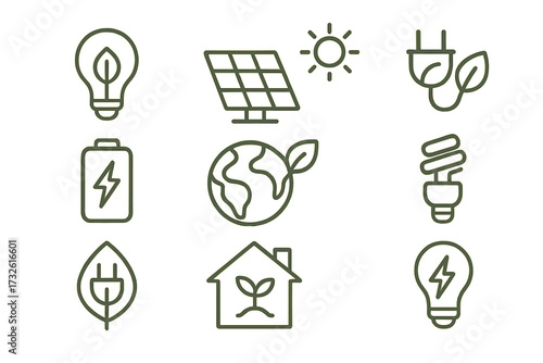 Energy saving and green energy line icon set. Ecology, electricity, and renewables concepts. Vector collection with solar panel, eco bulb, earth, battery, and sustainable power.