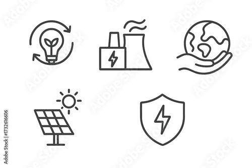 Energy efficiency line icon set. Green energy concepts with solar panel, renewable power, and planet care. Ecology, sustainability, and environment protection vector symbols.