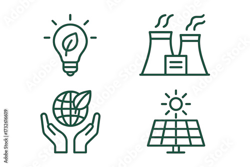 Green energy line icon set. Energy efficiency, renewable power, planet care, solar panel vector symbols. Sustainability, eco friendly innovation, and climate change concepts.