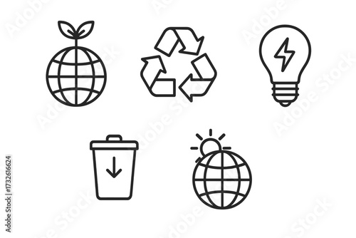 Energy management web icons in line style. Vector symbol set for sustainable development, recycling, waste reduction, green energy and climate stability. Eco friendly concept.