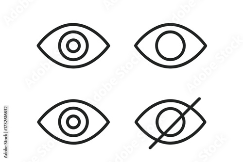 Eye icon line set. View, visible, look, see, watch symbols. Hidden, invisible, sensitive content. Show hide password for UI UX web design. Privacy, security vector graphic.