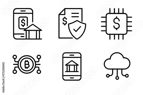 Fintech icon set in line style. Vector symbols for digital banking, insurtech, cryptocurrency, neobank, and cloud technology. Financial tech, secure payment, and online money icons.