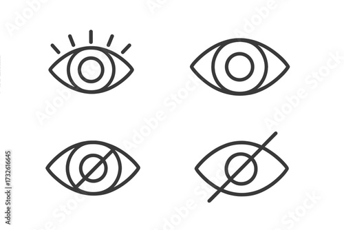 Eye icon vector set in thin line style. Show, hide and view password visibility symbols for user interface design. Concepts of looking, seeing, privacy, censorship and vision.