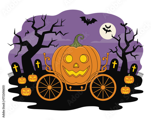 Spooky halloween pumpkin carriage with graveyard and full moon