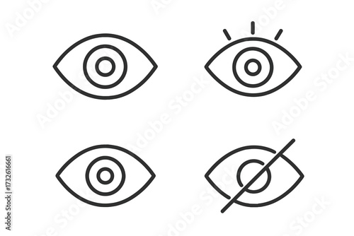 Vector eye icon collection. Line art symbols for web design. Icons for view, visible, looking, hide, show, and sensitive content. UI kit for visibility and privacy.