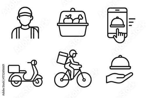 Food delivery service line icons. Set for online ordering, fast transport, courier. Restaurant app pictograms. Scooter, bicycle, food box, cloche. Vector symbols.