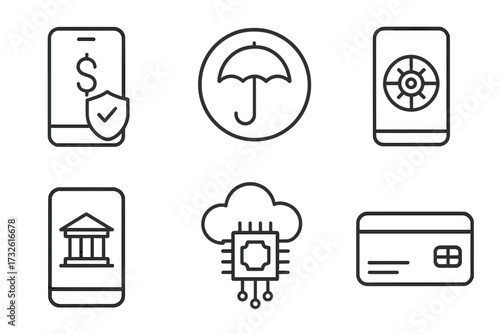 Fintech line icon set for web and mobile. Digital banking, insurtech, neobank, secure payments, and cloud technology concepts. Vector finance and business graphic elements.